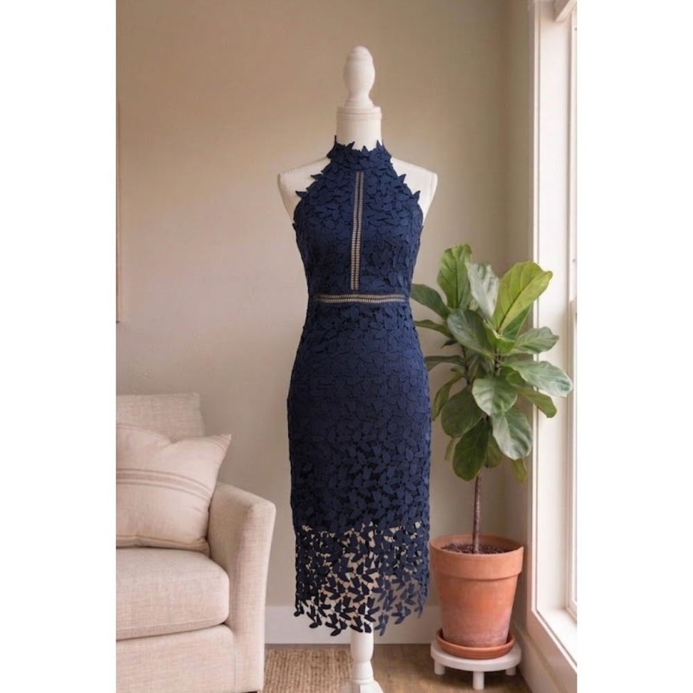 Bardot Lace Midi Dress Size 4 XS Navy Blue Halter Neck Bodycon Cocktail Guipure